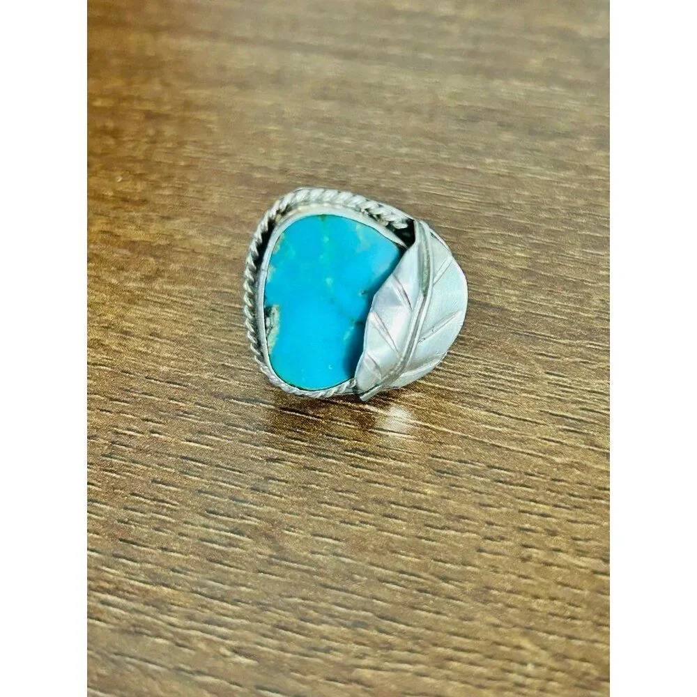 Ladies Antique Silver Turquoise Leaf Ring‎